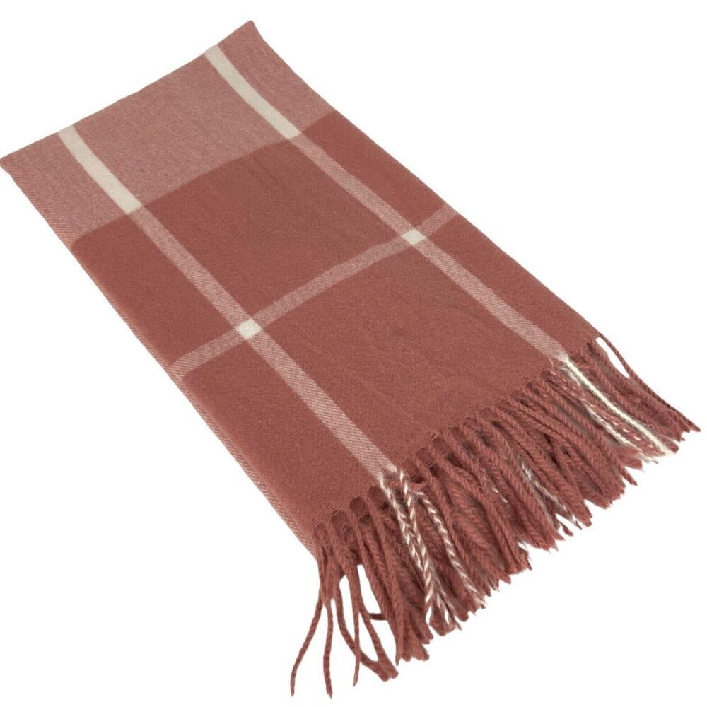 Cashmere Pink & White Plaid Pashmina Scarf With Fringe Soft Warm Winter Wrap